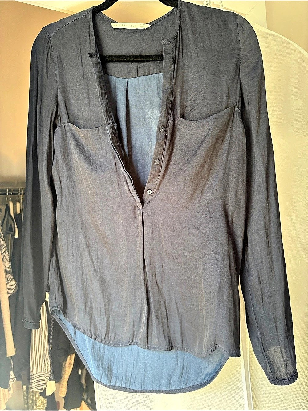 Zara Trafaluc navy blue Layered Button Front Blouse